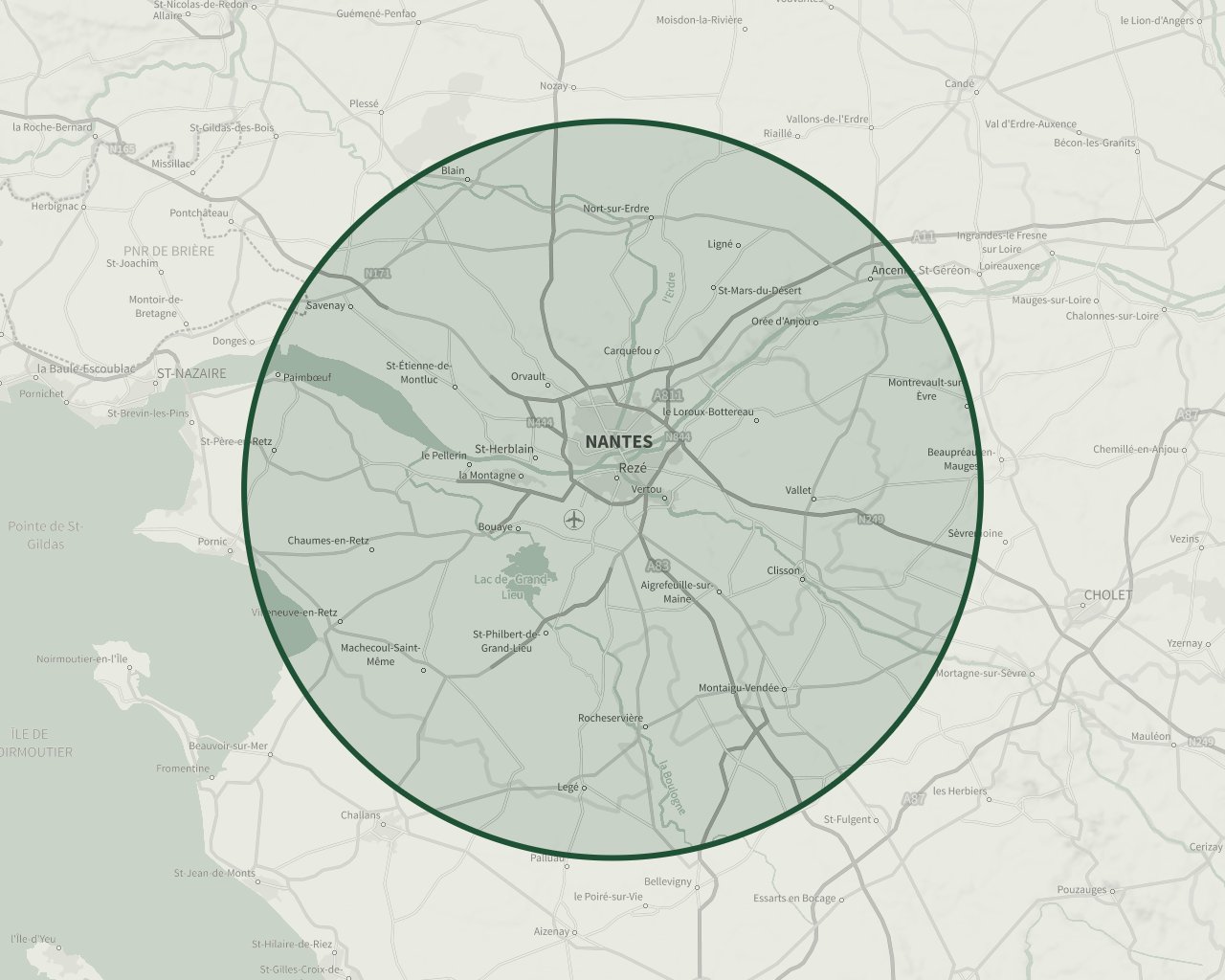 Carte de la zone d’intervention : 40 km autour de Rezé